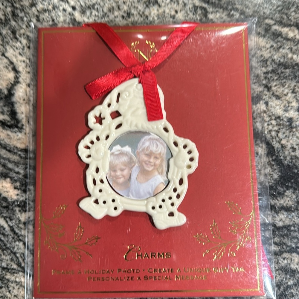 New Lenox Photo Charm Ornament Gift Tag. Santa can hold photo Fine Ivor…